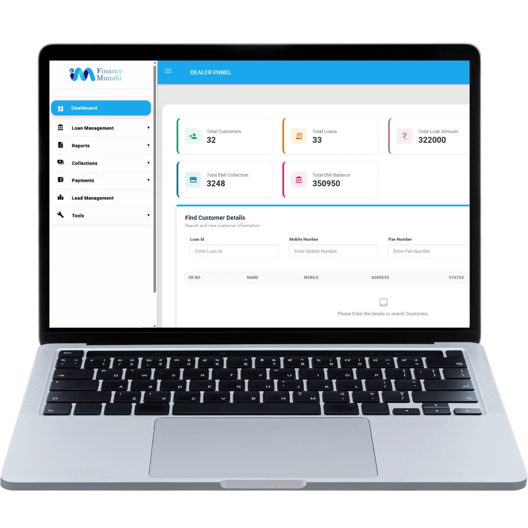 Finance Munshi dealer dashboard on a laptop