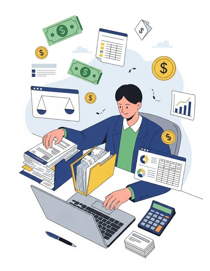 Finance professional managing loan documents, reports and financial operations